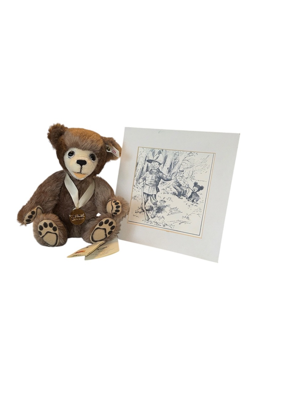 Stieff Teddy Rosevelt Bear Brown Mohair Collectible Bear with Ribbon
